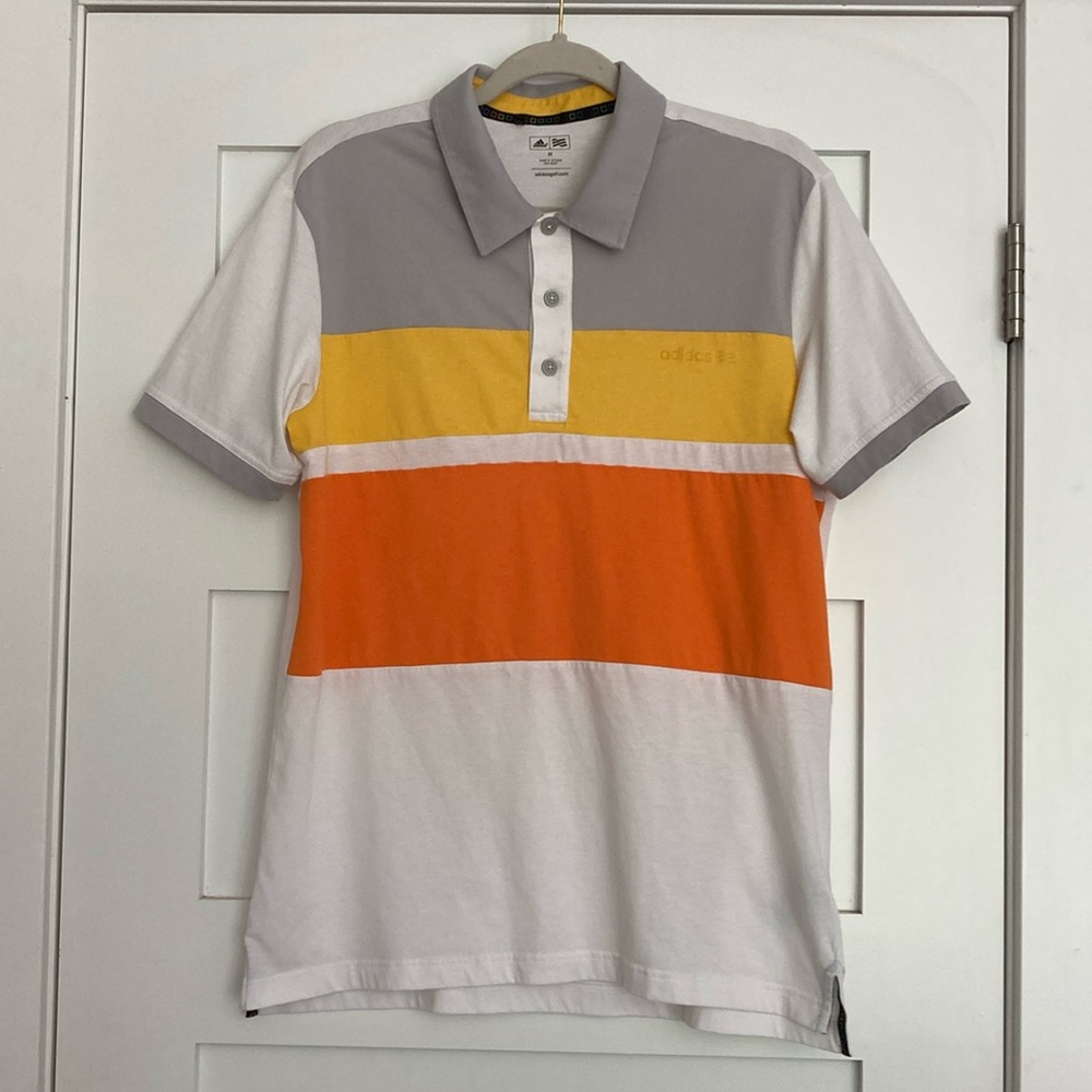Adidas Golf Polo Shirt Men’s M White Short Sleeve Orange Yellow Stripes School